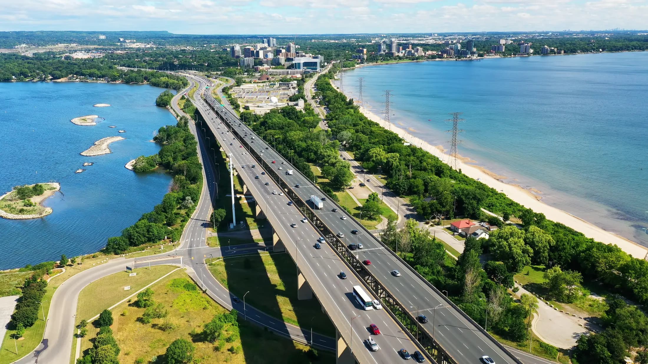 Aerial view of the Burlington Skyway and waterfront