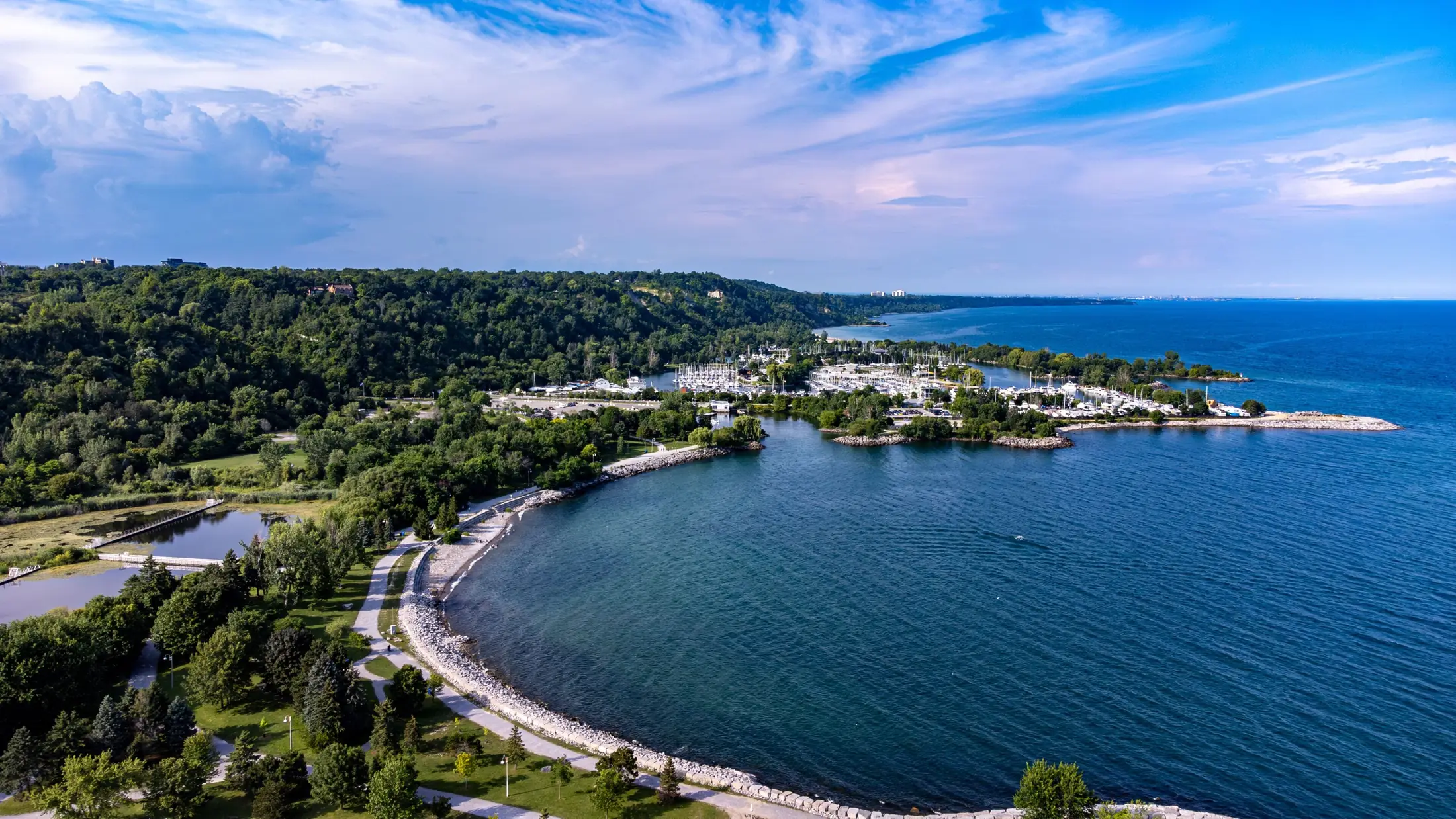 Aerial view of the Durham Region waterfront and marina on Lake Ontario