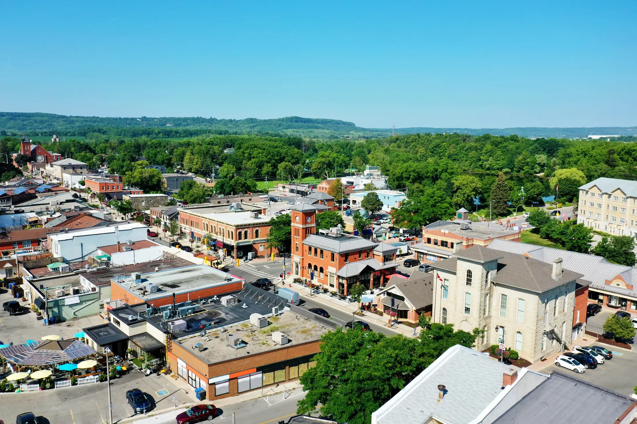 Aerial view of downtown Milton and the Niagara Escarpment