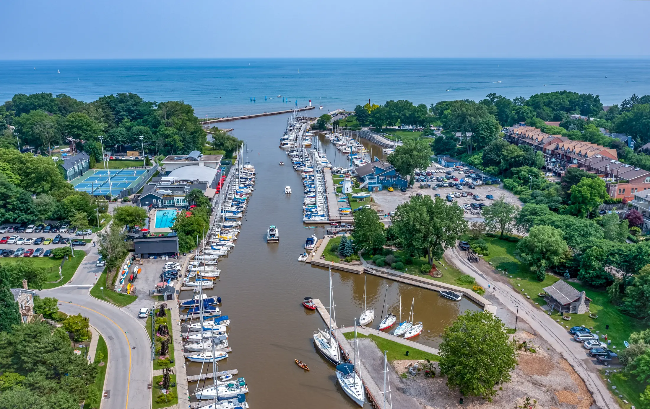 Aerial view of the Oakville harbour and Sixteen Mile Creek