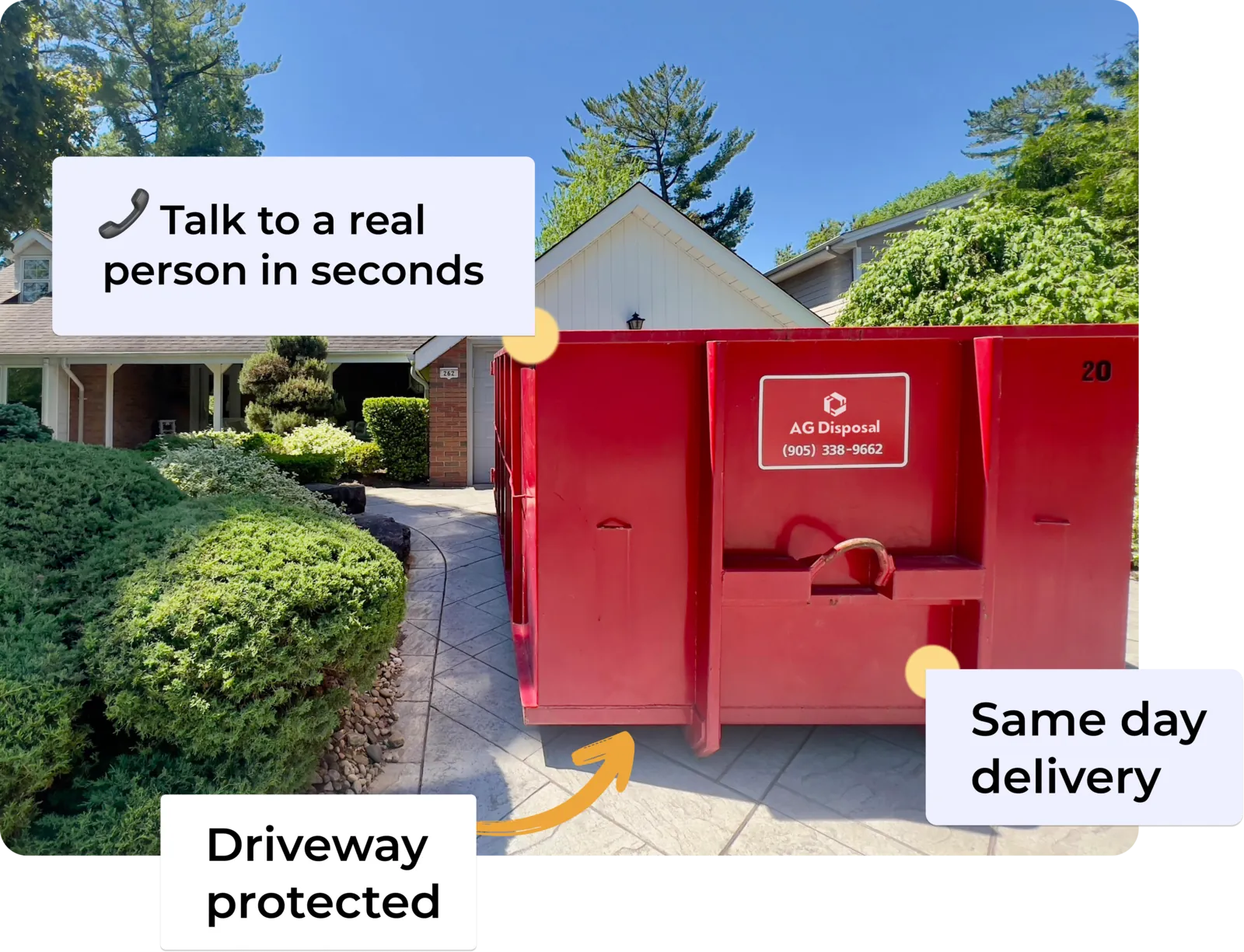 An AG Disposal bin on a protected driveway. Talk to a real person in seconds, driveway protected, same day delivery.